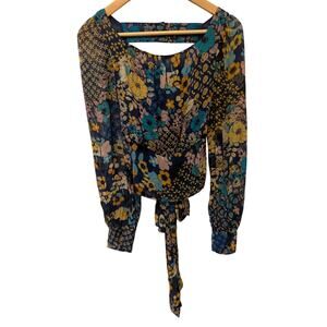 Maeve Anthropologie Puff-Sleeved Tie-Back Blouse Floral Print‎ Lined Cottagecore